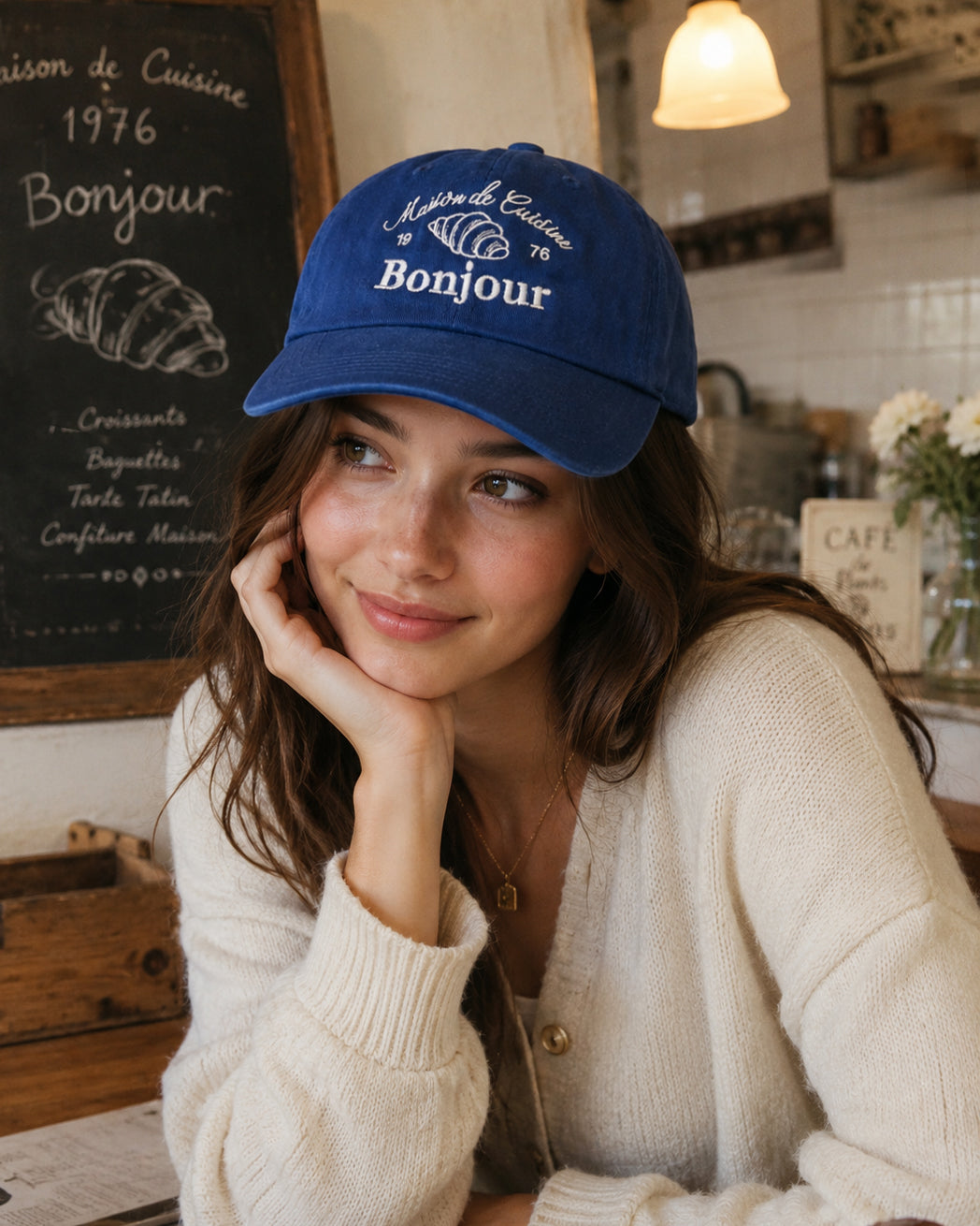Maison de Cuisine Bonjour Croissant Embroidered Cotton Dad Hat