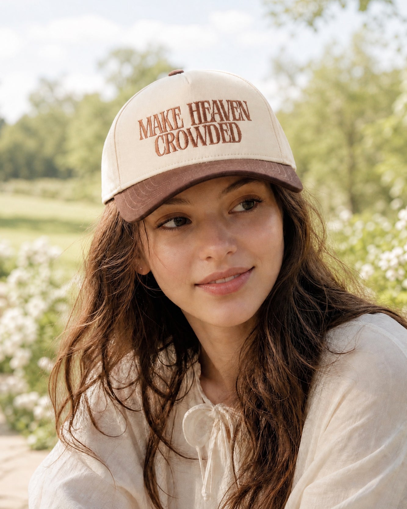 Make Heaven Crowded Embroidered Two-Tone Trucker Hat