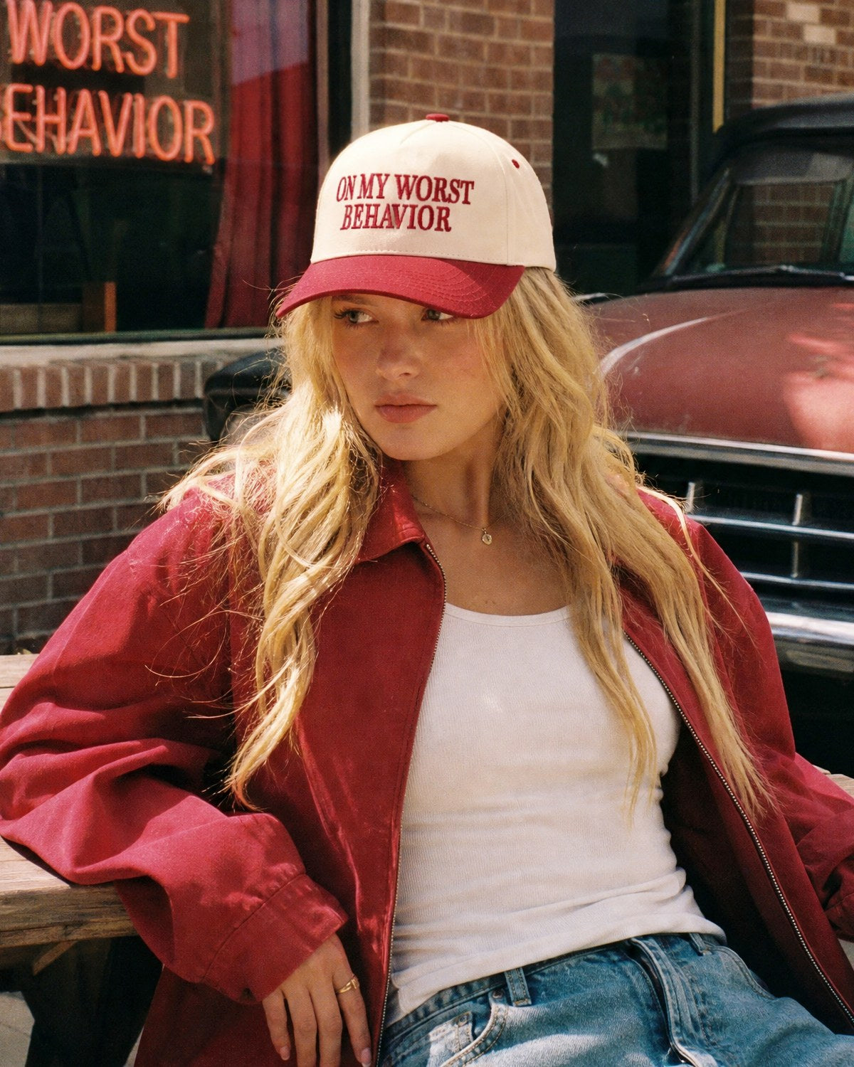 On My Worst Behavior Embroidered Two-Tone Cotton Cap