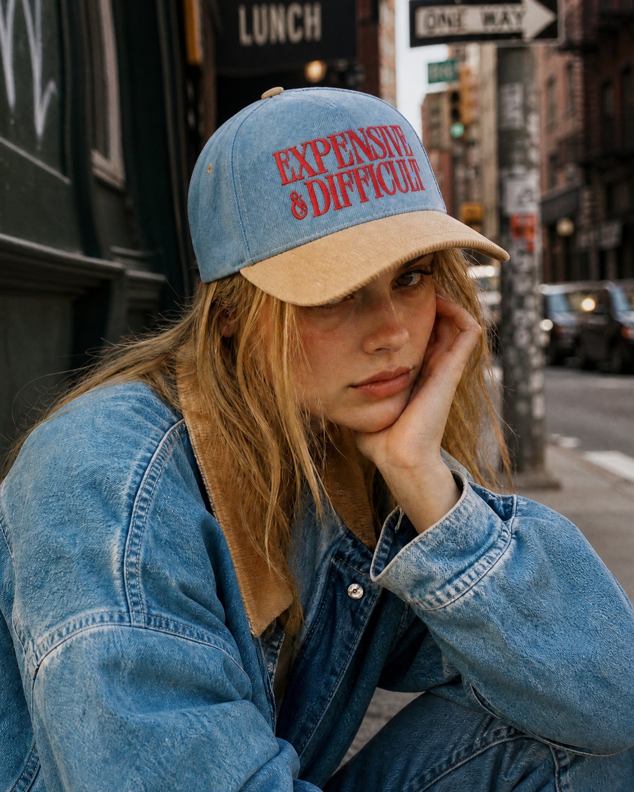 Expensive & Difficult Embroidered Denim Corduroy Cap