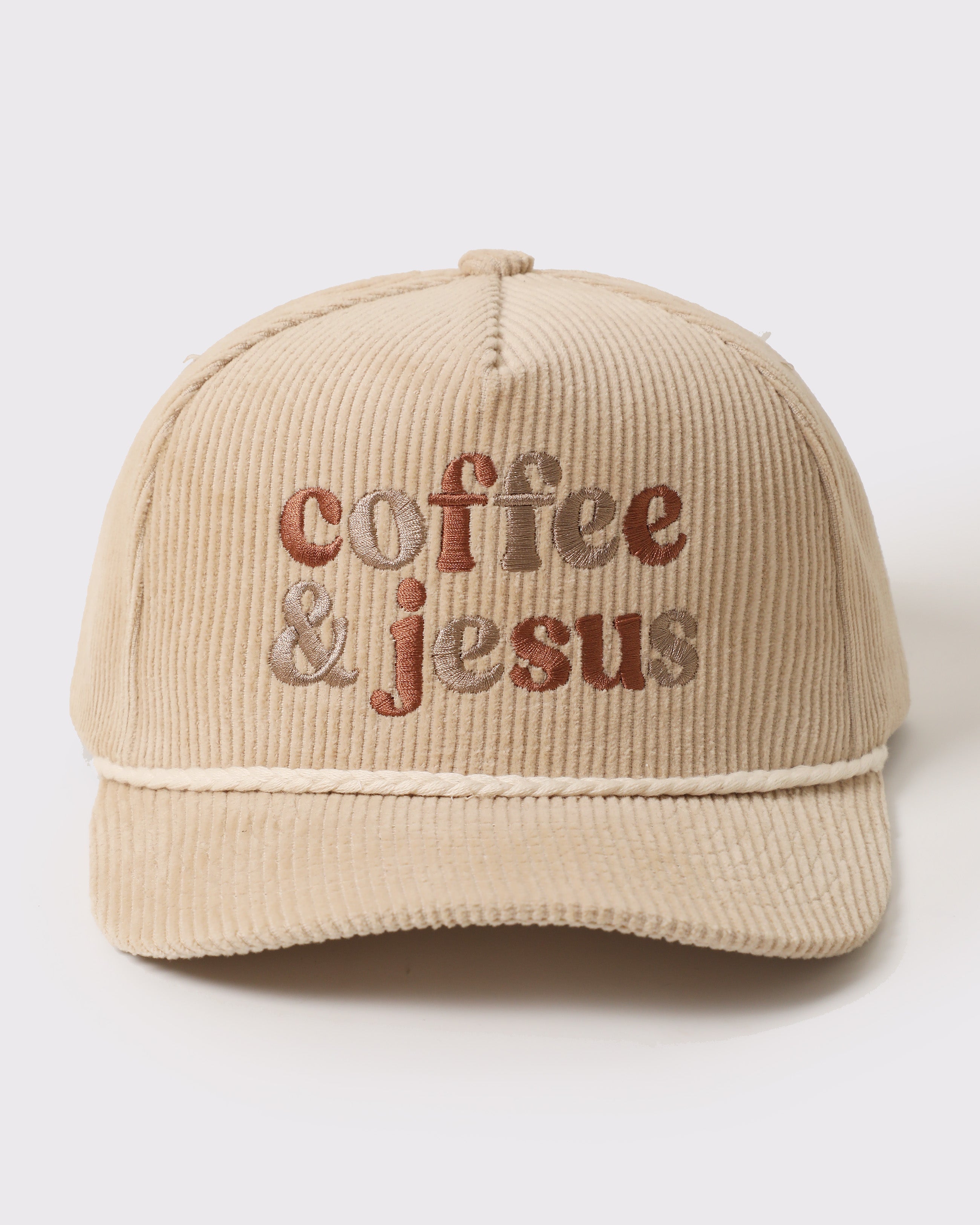 Coffee & Jesus Embroidered Corduroy Rope Trucker Hat