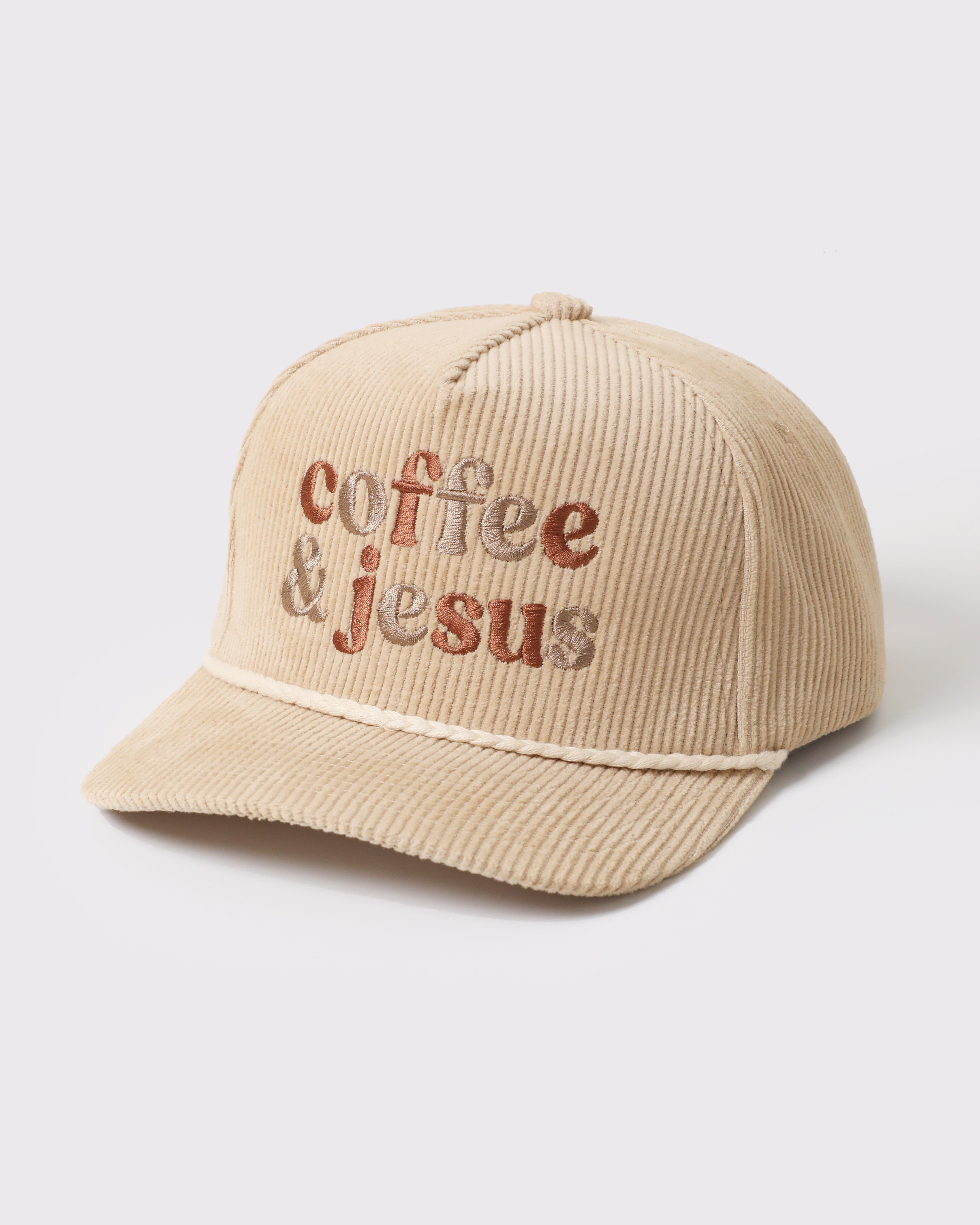 Coffee & Jesus Embroidered Corduroy Rope Trucker Hat