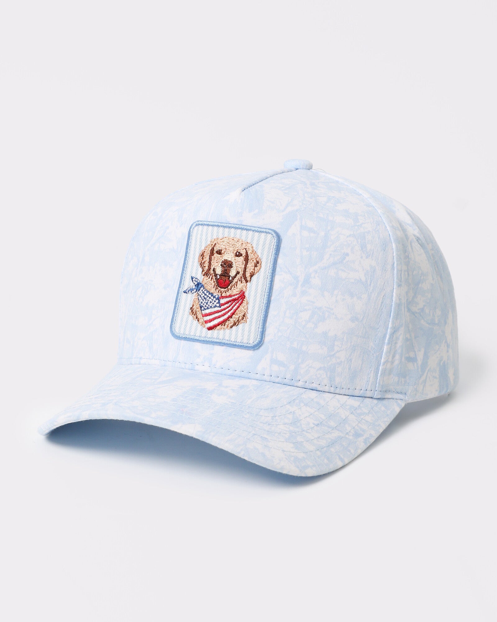 Patriotic Golden Retriever Patch Tie-Dye Trucker Hat - Monster Artwork