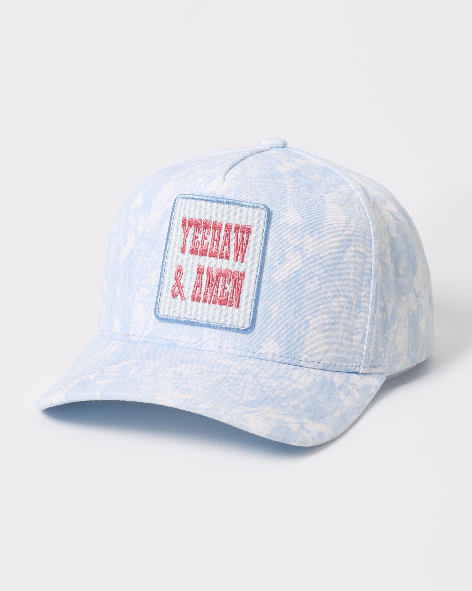 Yeehaw and Amen tie-dye trucker Blue Camo