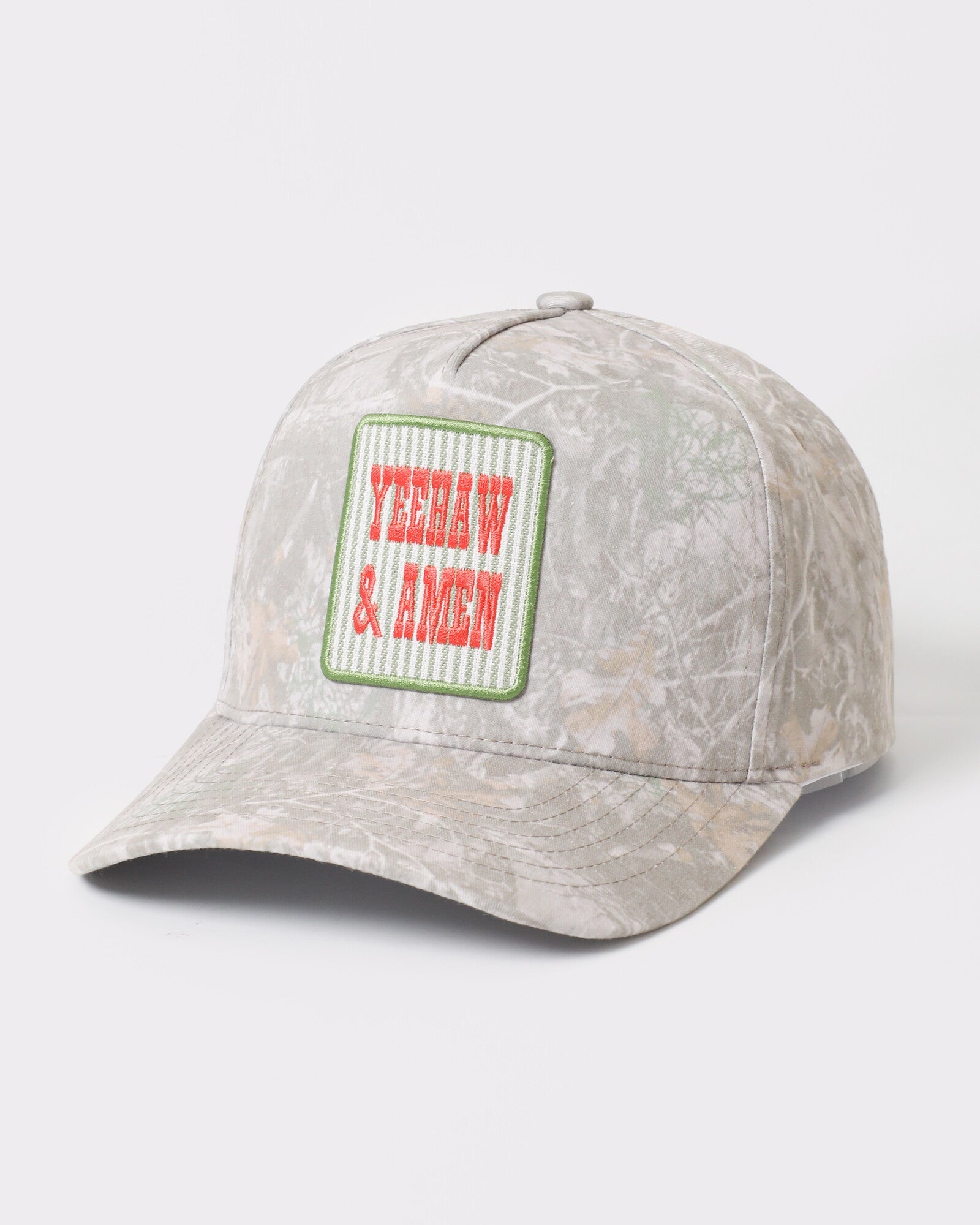 Yeehaw and Amen tie-dye trucker Light Camo