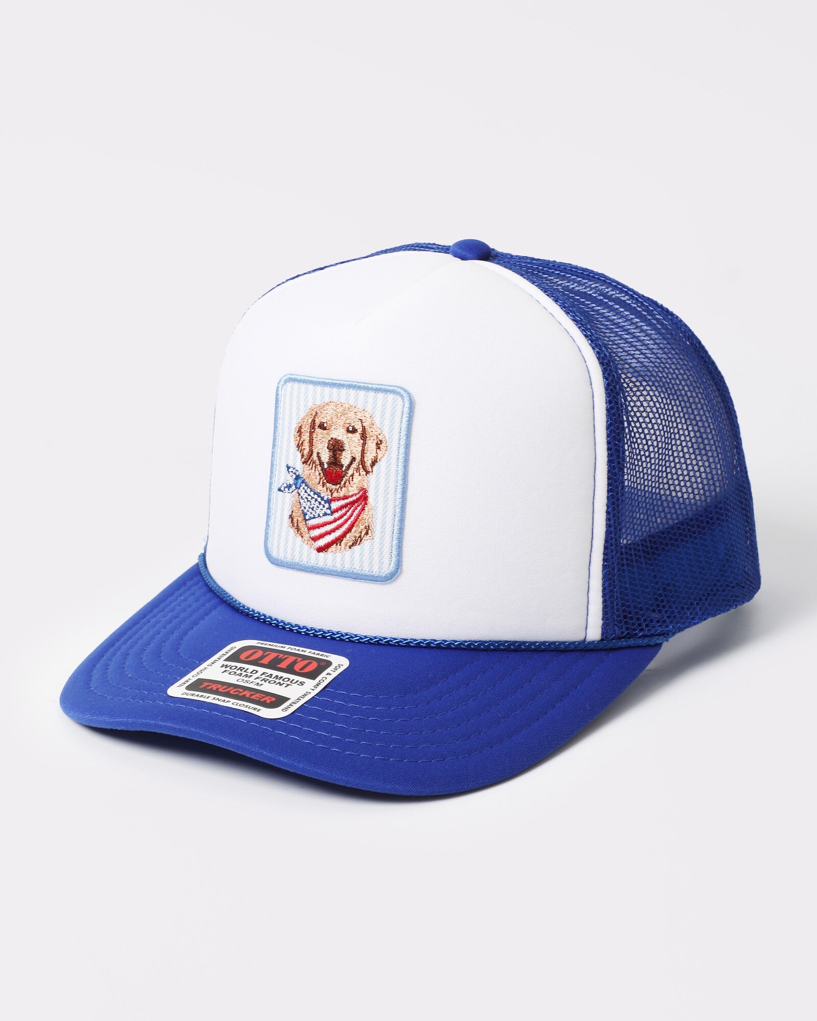Patriotic Golden Retriever foam trucker Royal Blue White