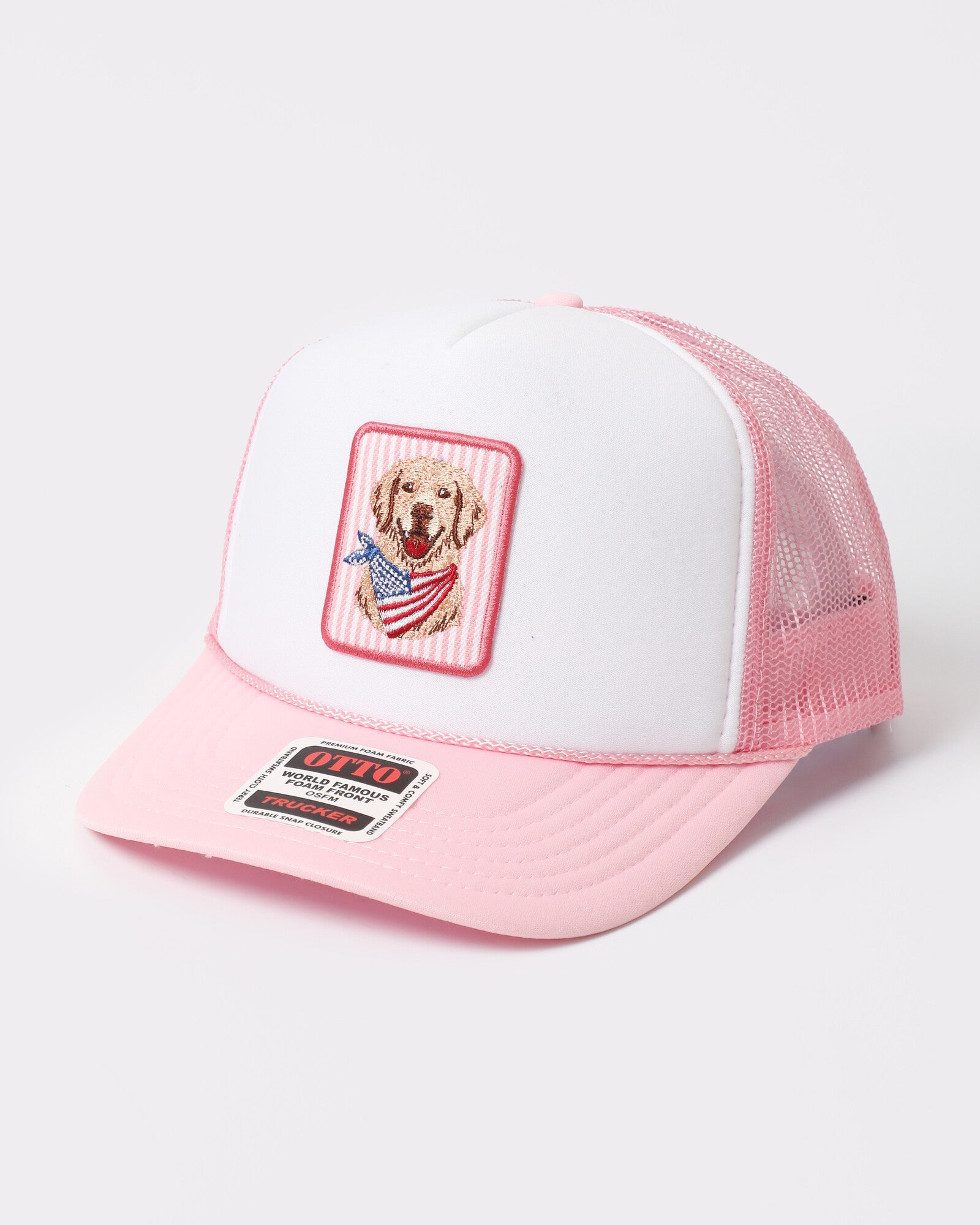 Patriotic Golden Retriever foam trucker Soft Pink White
